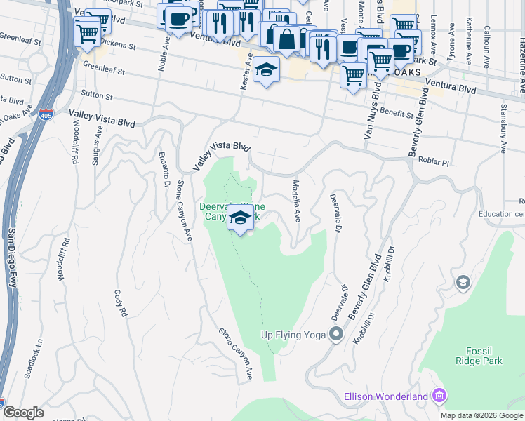 map of restaurants, bars, coffee shops, grocery stores, and more near 14899 Round Valley Drive in Los Angeles