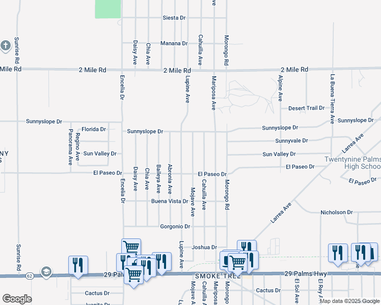 map of restaurants, bars, coffee shops, grocery stores, and more near 6014 Mojave Avenue in Twentynine Palms