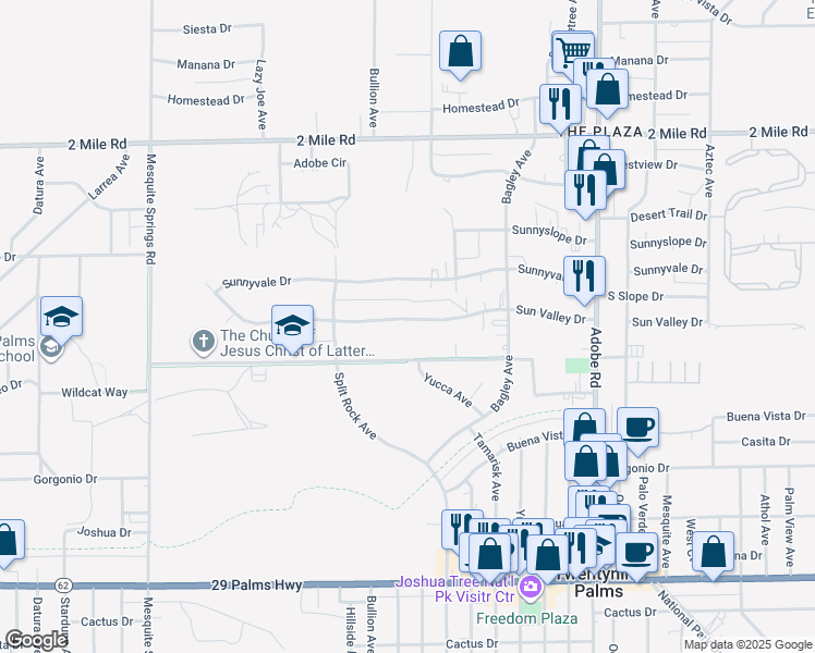 map of restaurants, bars, coffee shops, grocery stores, and more near 73355 Sun Valley Drive in Twentynine Palms