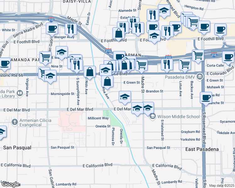 map of restaurants, bars, coffee shops, grocery stores, and more near 3191 Brandon Street in Pasadena