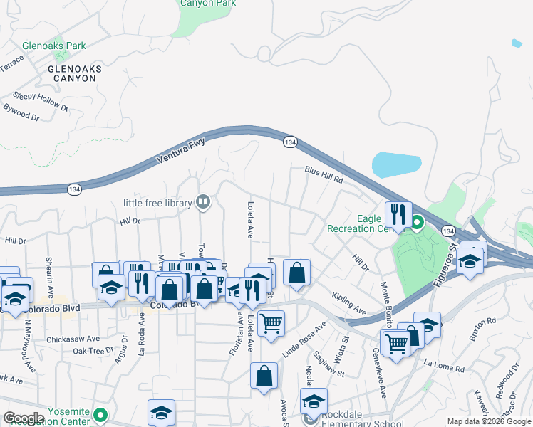 map of restaurants, bars, coffee shops, grocery stores, and more near 5333 Hartwick Street in Los Angeles