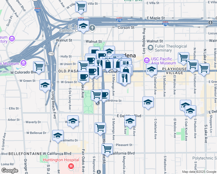 map of restaurants, bars, coffee shops, grocery stores, and more near 101 South Marengo Avenue in Pasadena