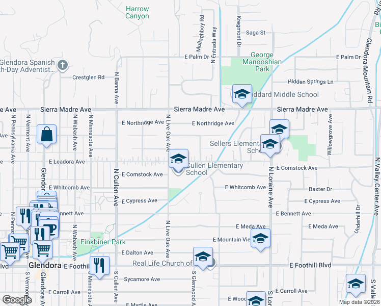 map of restaurants, bars, coffee shops, grocery stores, and more near 750 East Laurel Avenue in Glendora