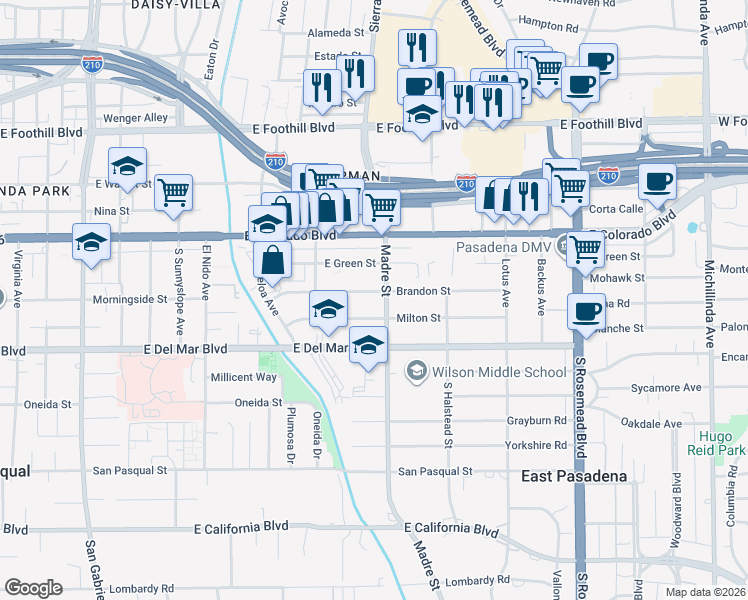 map of restaurants, bars, coffee shops, grocery stores, and more near 3401 Brandon Street in Pasadena