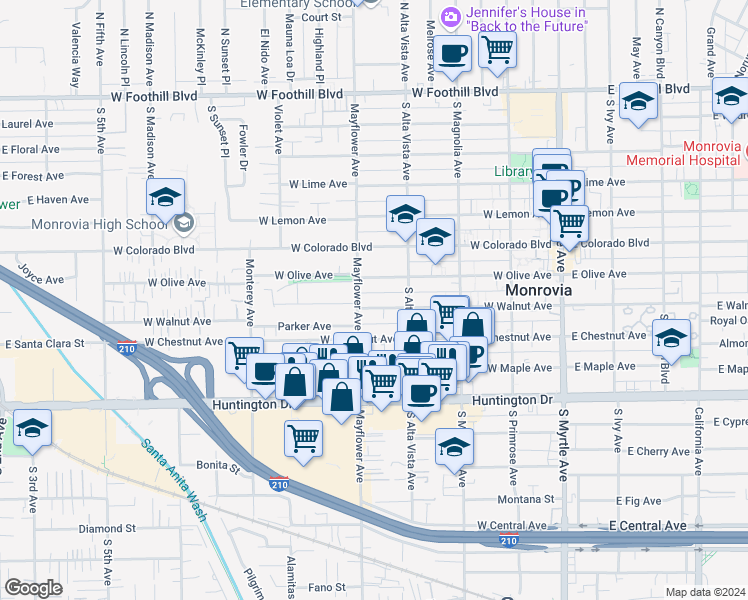 map of restaurants, bars, coffee shops, grocery stores, and more near 435 West Walnut Avenue in Monrovia