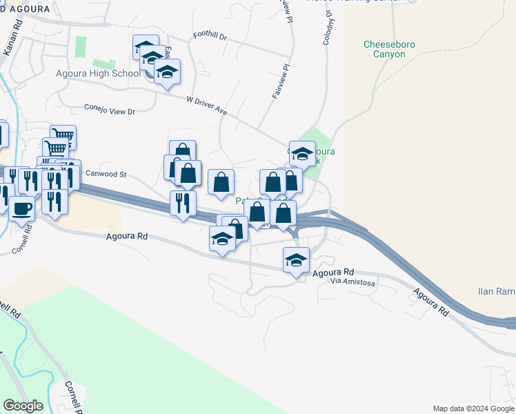 map of restaurants, bars, coffee shops, grocery stores, and more near 5236 Colodny Drive in Agoura Hills