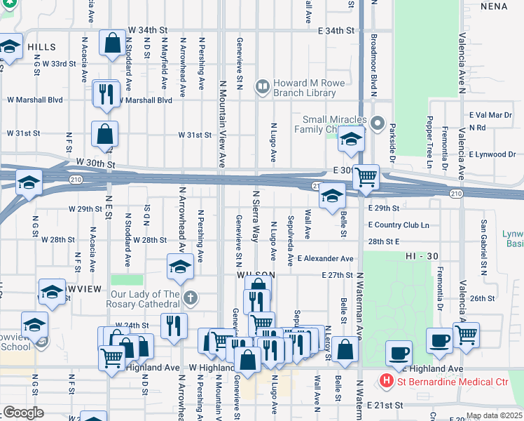 map of restaurants, bars, coffee shops, grocery stores, and more near 2895 North Sierra Way in San Bernardino