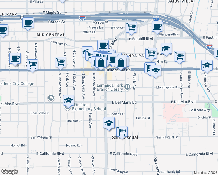 map of restaurants, bars, coffee shops, grocery stores, and more near 120 South Sierra Madre Boulevard in Pasadena