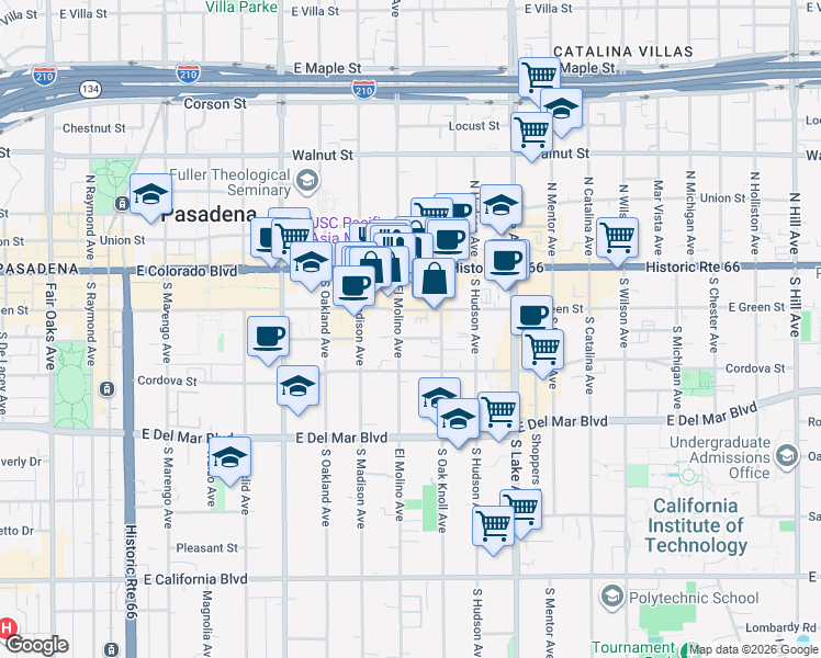 map of restaurants, bars, coffee shops, grocery stores, and more near 656 East Green Street in Pasadena