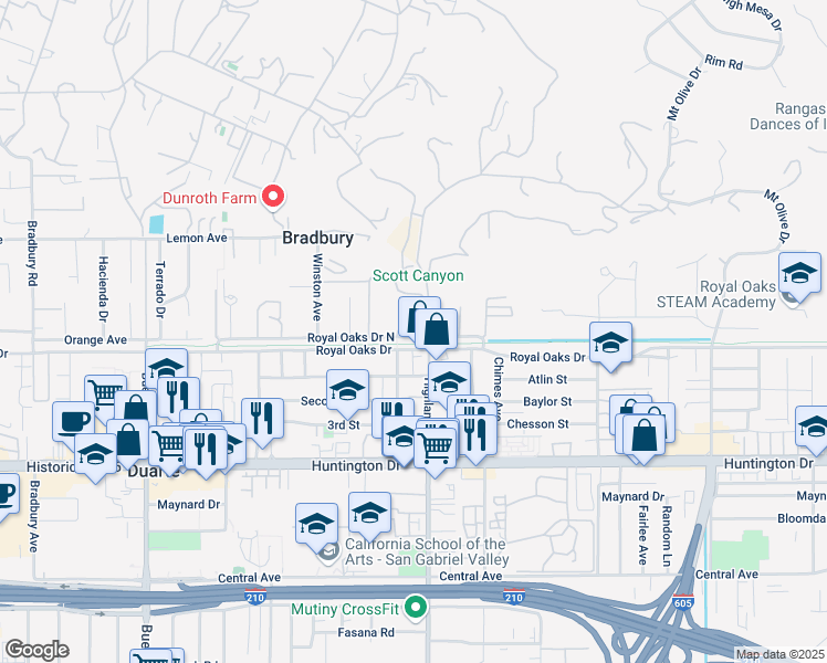 map of restaurants, bars, coffee shops, grocery stores, and more near 1763 Royal Oaks Drive North in Duarte