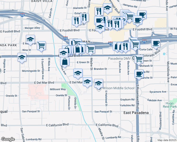 map of restaurants, bars, coffee shops, grocery stores, and more near 3344 Brandon Street in Pasadena