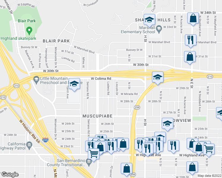 map of restaurants, bars, coffee shops, grocery stores, and more near 2865 Ladera Road in San Bernardino