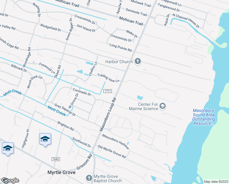 map of restaurants, bars, coffee shops, grocery stores, and more near 5008 Masonboro Loop Road in Wilmington