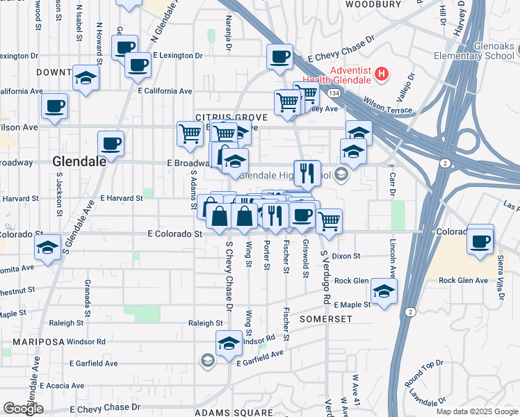 map of restaurants, bars, coffee shops, grocery stores, and more near 1305 East Harvard Street in Glendale