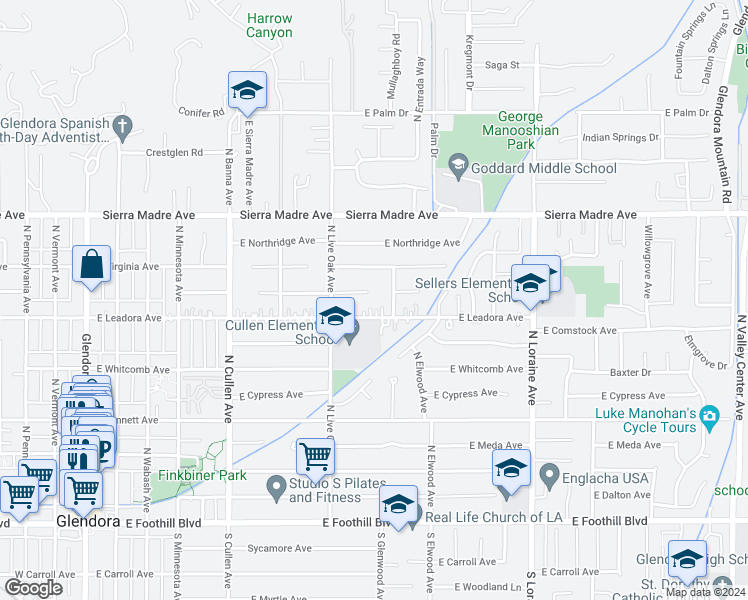 map of restaurants, bars, coffee shops, grocery stores, and more near 750 East Laurel Avenue in Glendora