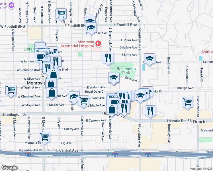 map of restaurants, bars, coffee shops, grocery stores, and more near 619 East Walnut Avenue in Monrovia