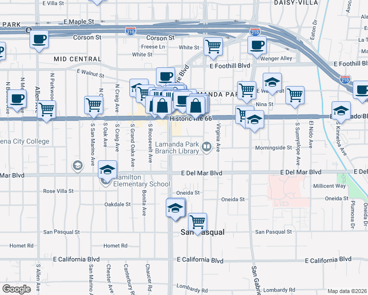 map of restaurants, bars, coffee shops, grocery stores, and more near 2429 Oswego Street in Pasadena
