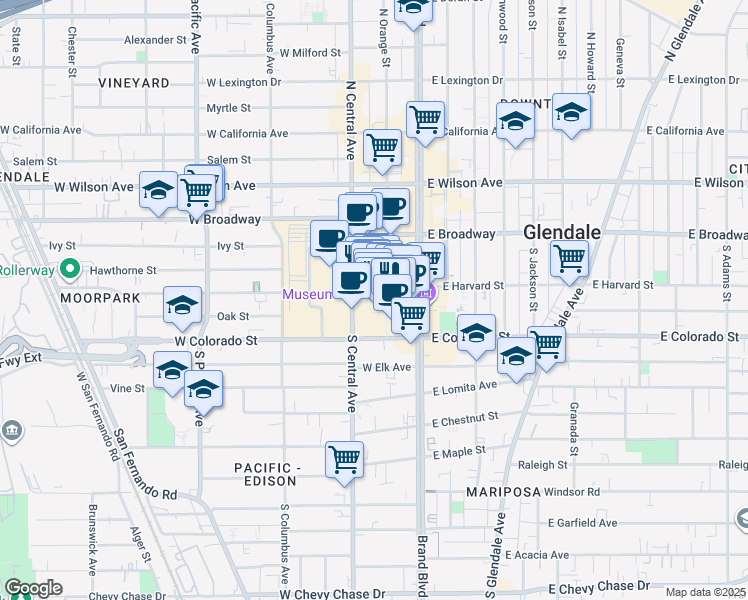 map of restaurants, bars, coffee shops, grocery stores, and more near 658 Americana Way in Glendale