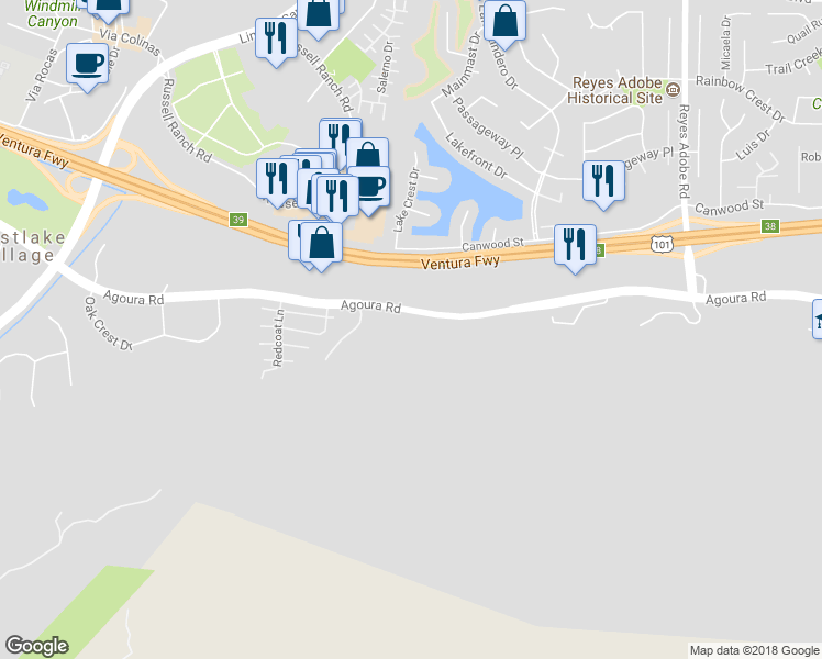 map of restaurants, bars, coffee shops, grocery stores, and more near 30800 Agoura Road in Agoura Hills
