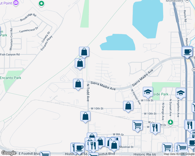 map of restaurants, bars, coffee shops, grocery stores, and more near 1190 West Calle Del Sol in Azusa