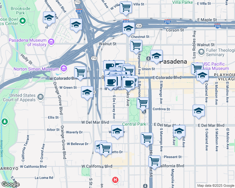map of restaurants, bars, coffee shops, grocery stores, and more near 70W West Green Street in Pasadena