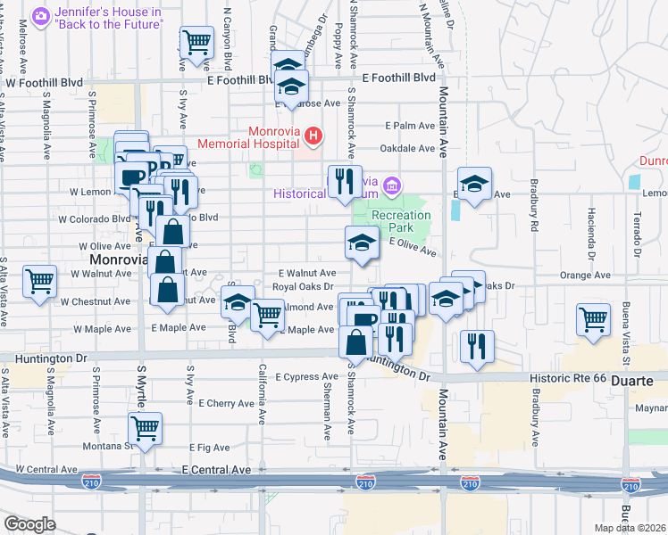 map of restaurants, bars, coffee shops, grocery stores, and more near 613 East Walnut Avenue in Monrovia