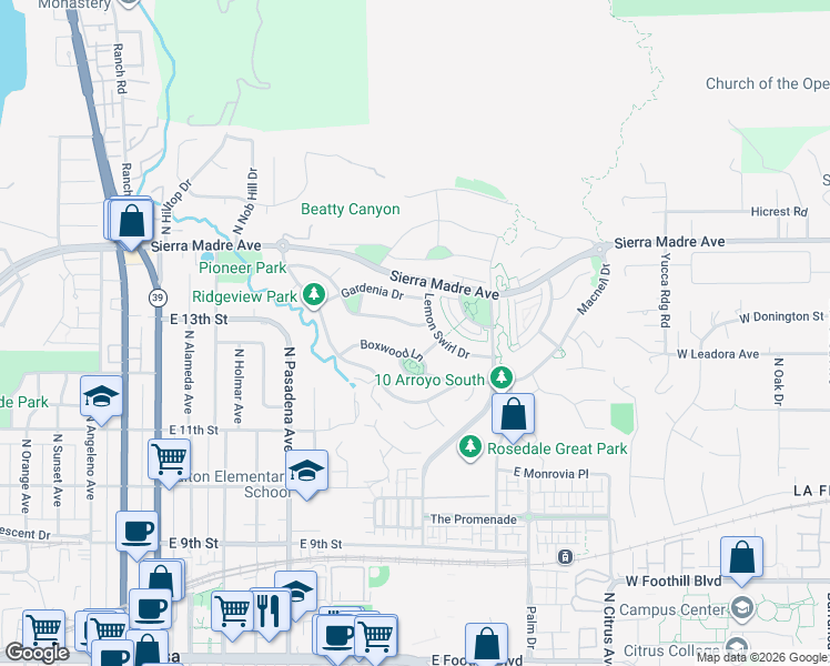 map of restaurants, bars, coffee shops, grocery stores, and more near 676 Desert Willow Road in Azusa