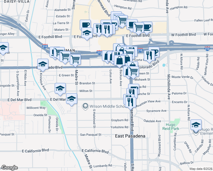 map of restaurants, bars, coffee shops, grocery stores, and more near 3583 Brandon Street in Pasadena