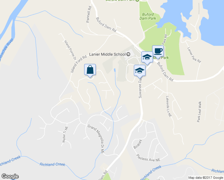 map of restaurants, bars, coffee shops, grocery stores, and more near 7100 River Island Circle in Buford