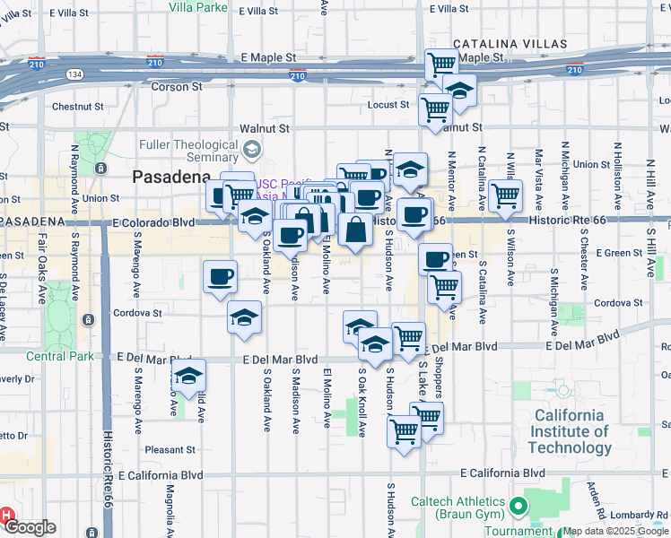 map of restaurants, bars, coffee shops, grocery stores, and more near 2 South El Molino Avenue in Pasadena
