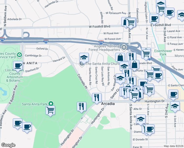 map of restaurants, bars, coffee shops, grocery stores, and more near 404 Santa Rosa Road in Arcadia
