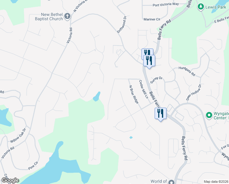 map of restaurants, bars, coffee shops, grocery stores, and more near 239 Cedar Mill Lane in Woodstock