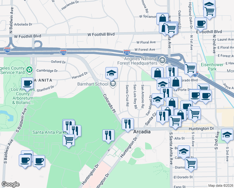 map of restaurants, bars, coffee shops, grocery stores, and more near 240 Colorado Boulevard in Arcadia