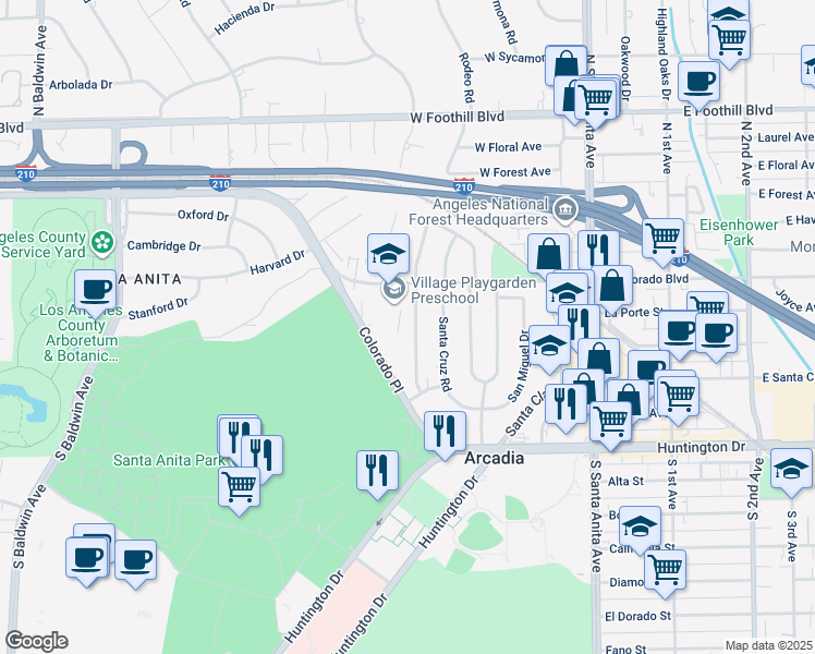 map of restaurants, bars, coffee shops, grocery stores, and more near 323 Santa Rosa Road in Arcadia