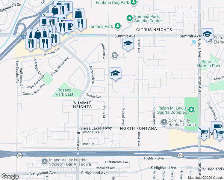 map of restaurants, bars, coffee shops, grocery stores, and more near 6032 Mount Lewis Lane in Fontana