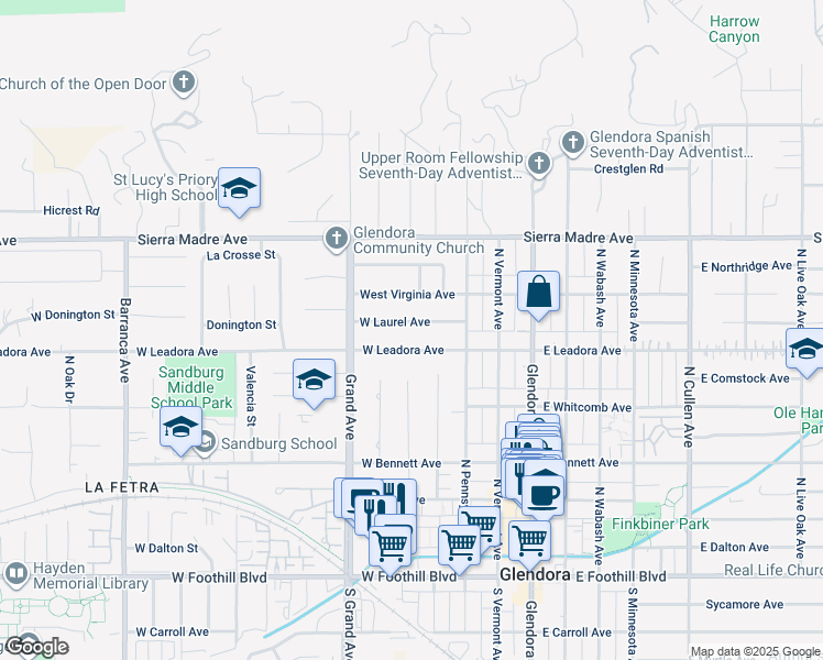 map of restaurants, bars, coffee shops, grocery stores, and more near 355 West Laurel Avenue in Glendora