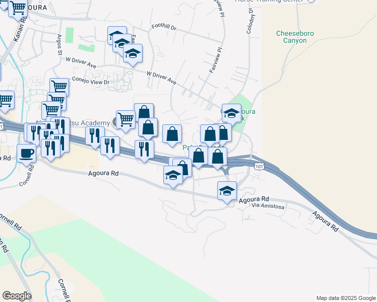 map of restaurants, bars, coffee shops, grocery stores, and more near 5210 Lewis Road in Agoura Hills
