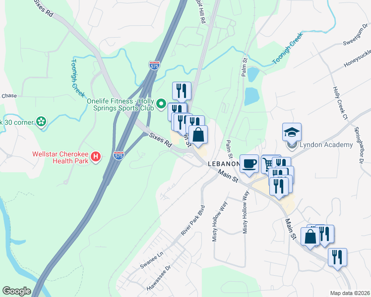 map of restaurants, bars, coffee shops, grocery stores, and more near 4799-4825 Holly Springs Parkway in Holly Springs