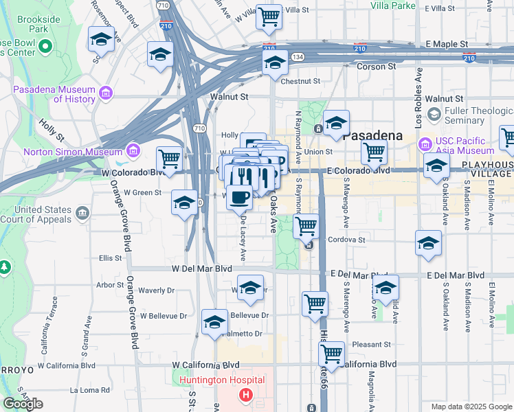 map of restaurants, bars, coffee shops, grocery stores, and more near 70W West Green Street in Pasadena