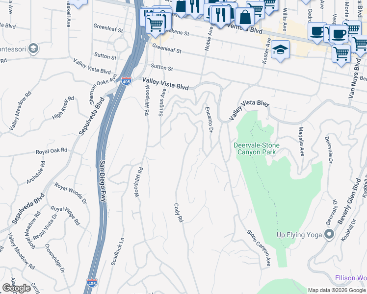 map of restaurants, bars, coffee shops, grocery stores, and more near 4043 Cody Road in Los Angeles