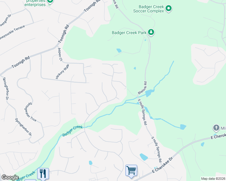 map of restaurants, bars, coffee shops, grocery stores, and more near 222 Highlands Drive in Woodstock