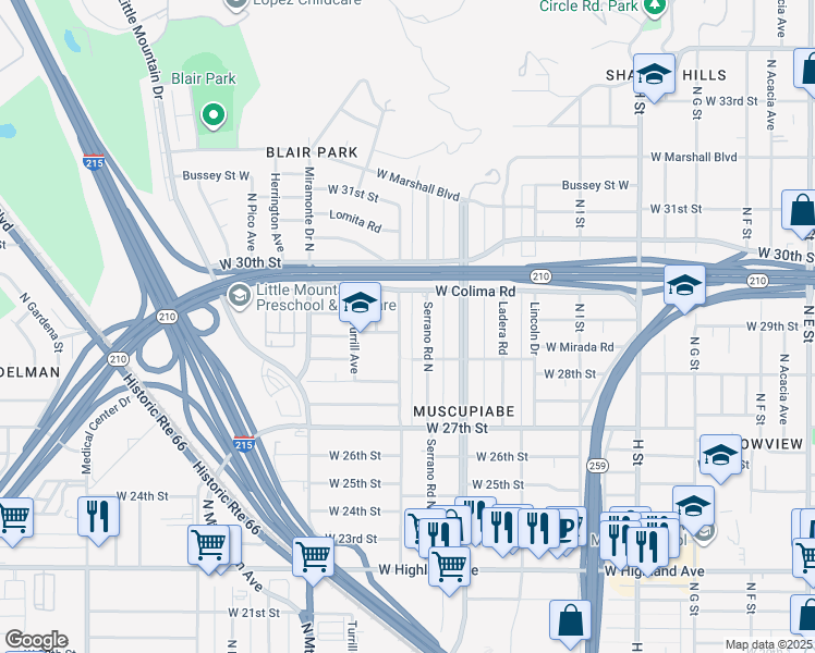 map of restaurants, bars, coffee shops, grocery stores, and more near 2881 North Davidson Avenue in San Bernardino