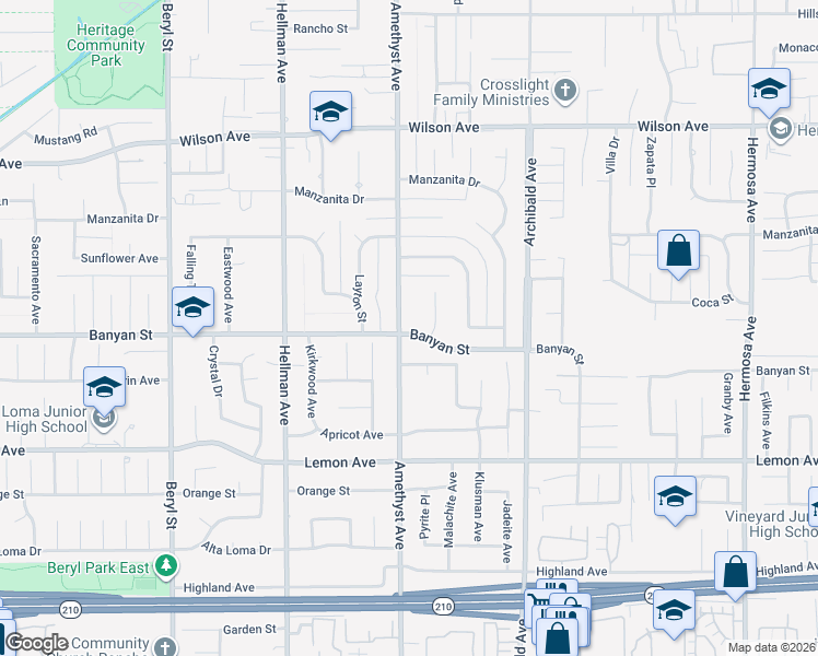 map of restaurants, bars, coffee shops, grocery stores, and more near 6056 Amethyst Street in Rancho Cucamonga