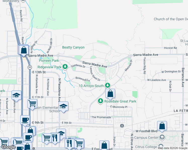 map of restaurants, bars, coffee shops, grocery stores, and more near 687 Desert Willow Road in Azusa