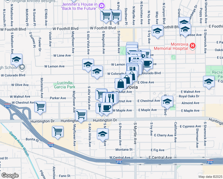 map of restaurants, bars, coffee shops, grocery stores, and more near 704 South Magnolia Avenue in Monrovia