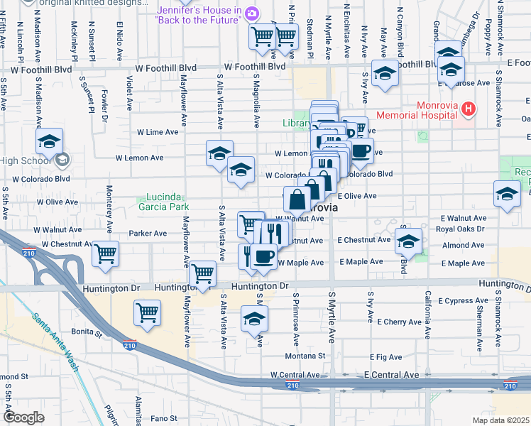 map of restaurants, bars, coffee shops, grocery stores, and more near 704 South Magnolia Avenue in Monrovia