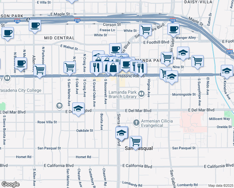 map of restaurants, bars, coffee shops, grocery stores, and more near 90 South Roosevelt Avenue in Pasadena