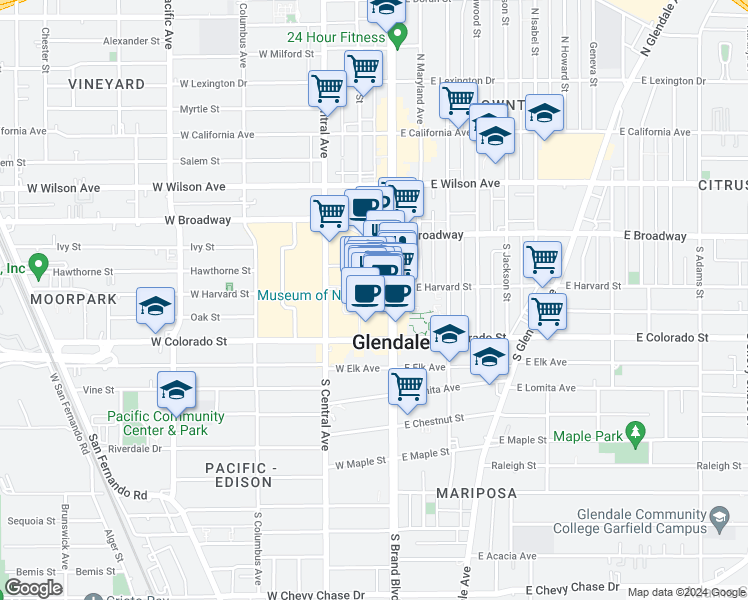 map of restaurants, bars, coffee shops, grocery stores, and more near 821 Americana Way in Glendale