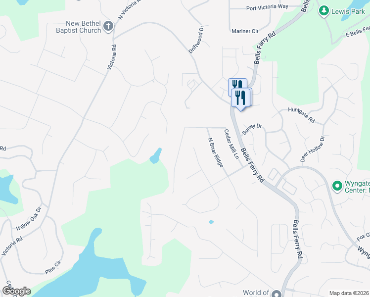 map of restaurants, bars, coffee shops, grocery stores, and more near 239 Cedar Mill Lane in Woodstock