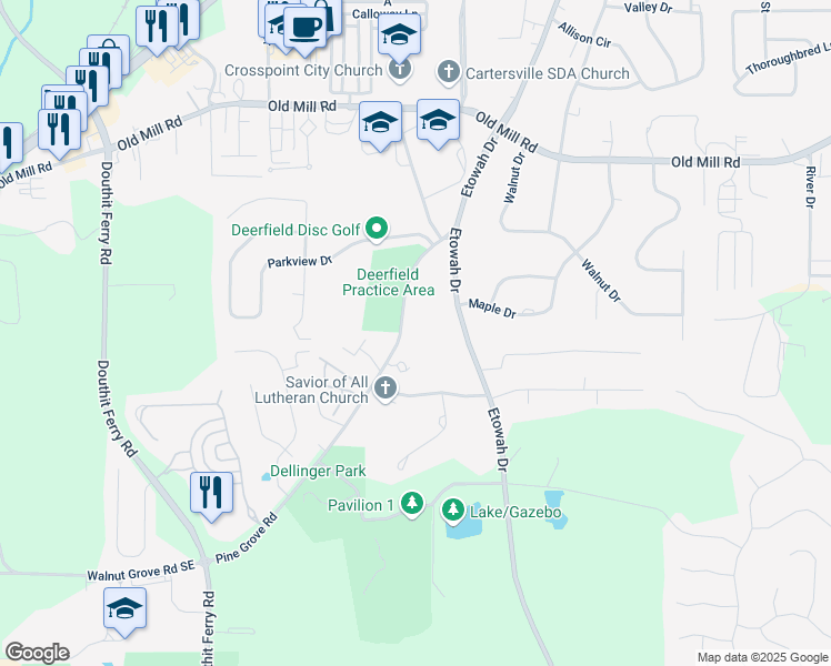 map of restaurants, bars, coffee shops, grocery stores, and more near 24 Pine Grove Road in Cartersville
